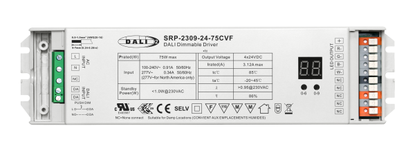 75W 4 Channels 24VDC DALI DT8 LED Constant Voltage Driver SRP-2309-24-75CVF